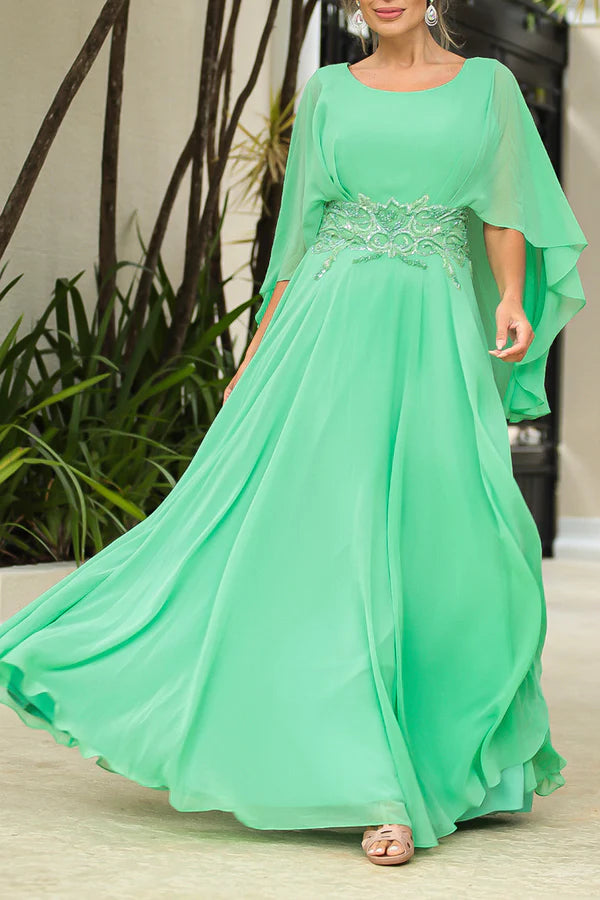 Mint Green Chiffon A-Line Floor-Length with Scoop Neck and Embellished waist + Flutter sleeves
