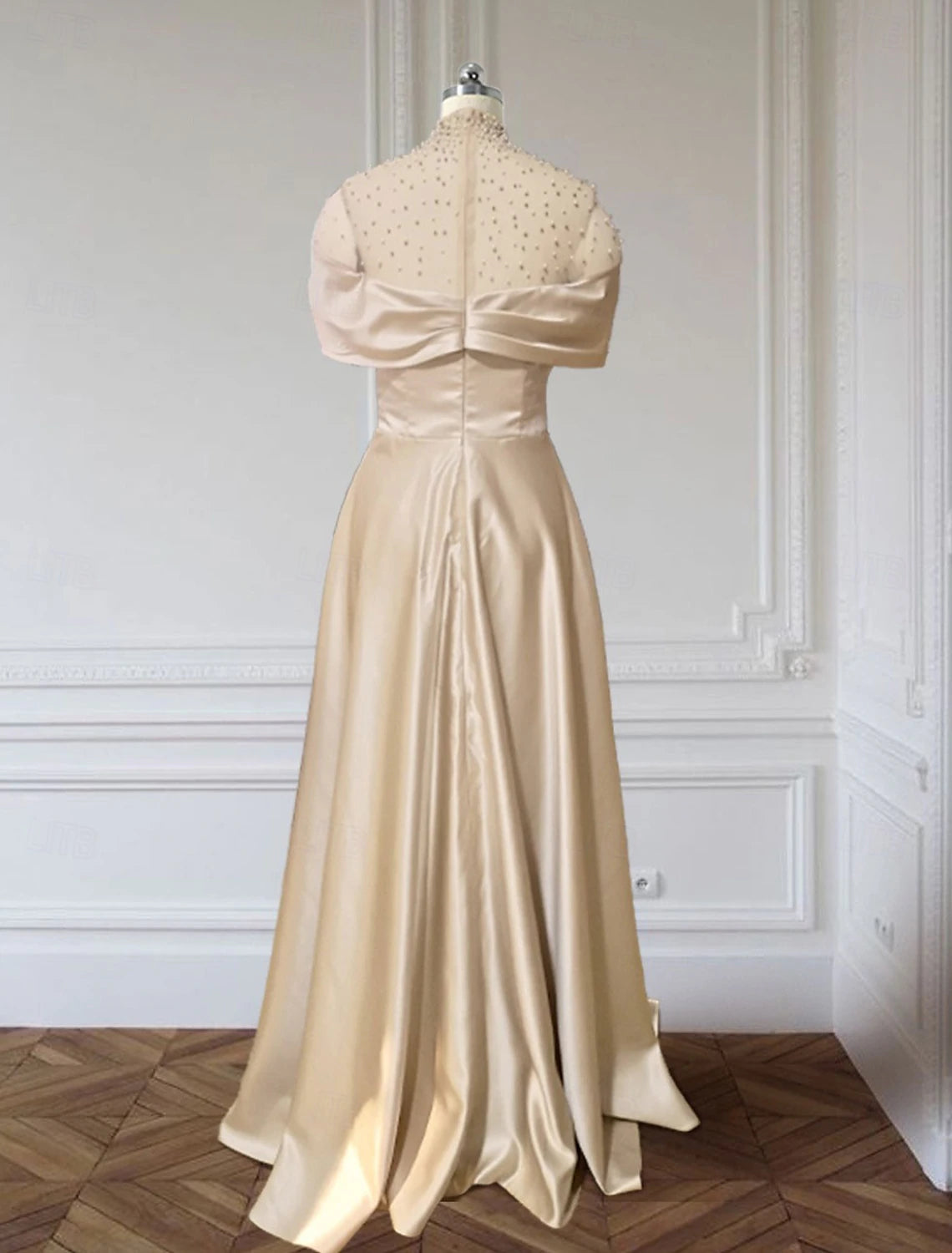 Abito da sera a trapezio, elegante, formale, rosso, verde, lungo, manica corta, scollo a V, in raso con perline arricciate