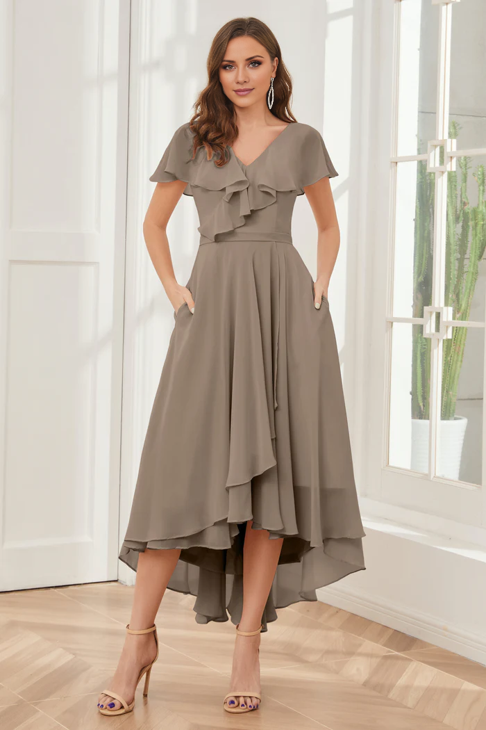 V-neck high-low short sleeved tea long bridesmaid dress