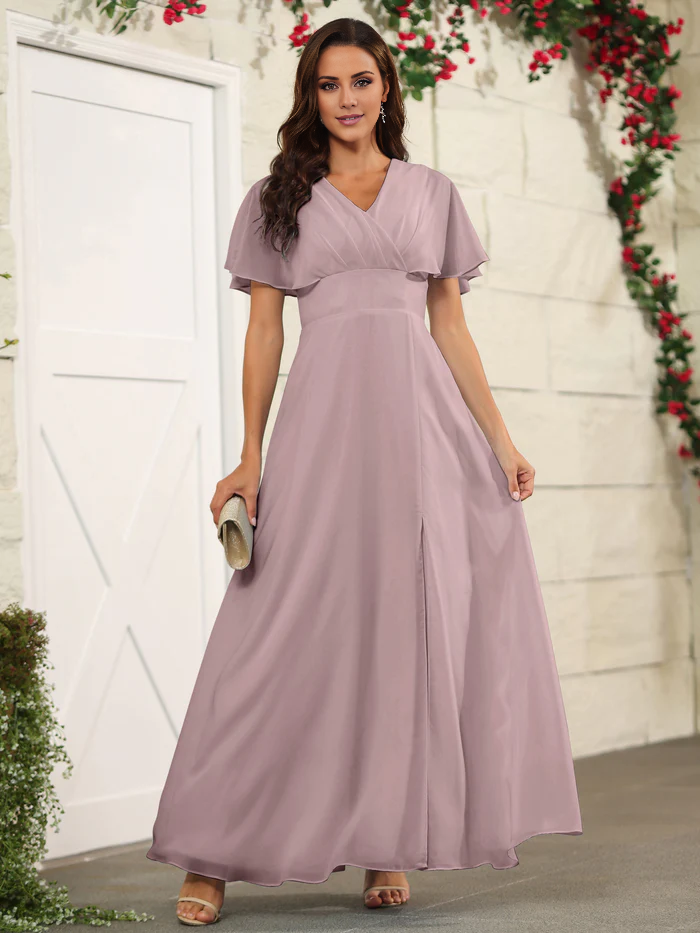 Chiffon short sleeved V-neck slit and floor length bridesmaid dress