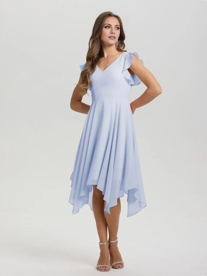 Lotus leaf edge sleeve V-neck asymmetrical tea long chiffon tea long bridesmaid dress