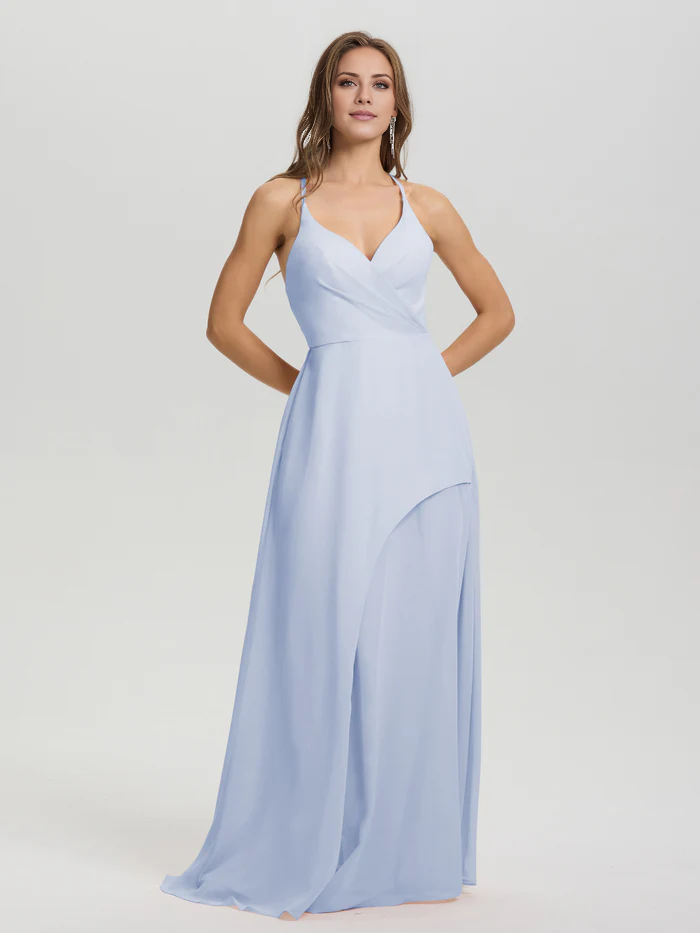 Shoulder strap V-neck backless long chiffon formal and floor length Bridesmaid dresses