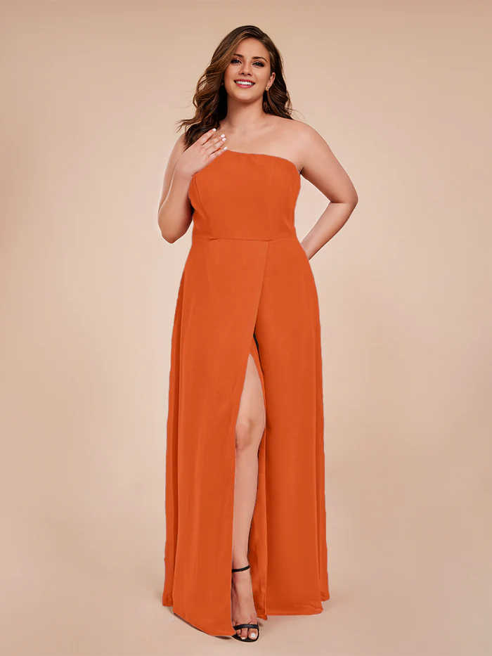 Plus size one shoulder side slit chiffon bridesmaid dress