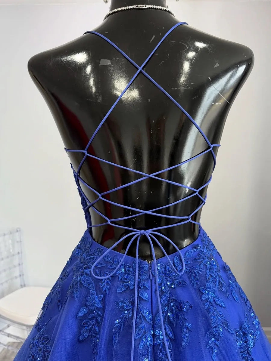 Stunning A-Line Scoop Spaghetti Strap Lace Up Long Prom Dress