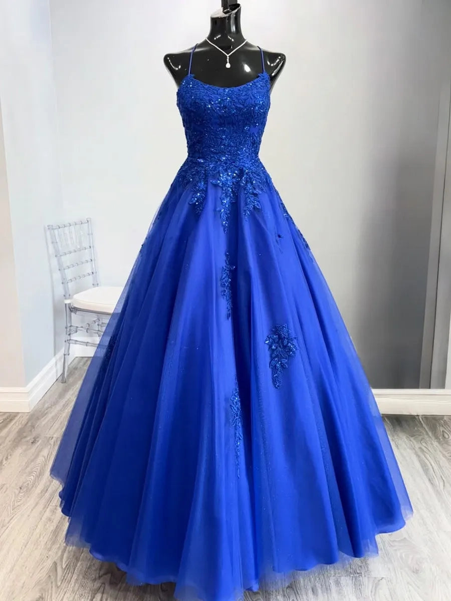 Stunning A-Line Scoop Spaghetti Strap Lace Up Long Prom Dress