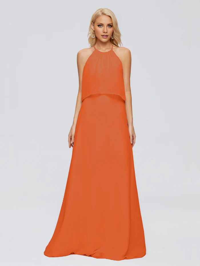 Vestido de dama de honor largo hasta el suelo en gasa con escote halter