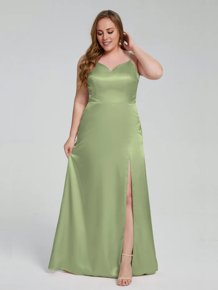 Champagne Satin A-Line Floor-Length Bridesmaid Dress with Sweetheart Neckline and High Slit