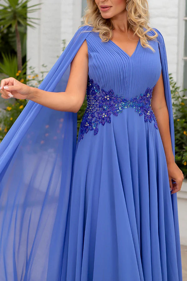 Blue Chiffon V-Neck A-Line Floor-Length Evening Dress with Integrated Cape