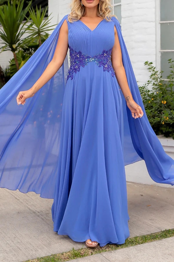 Blue Chiffon V-Neck A-Line Floor-Length Evening Dress with Integrated Cape