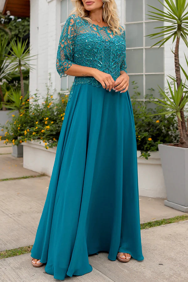 Teal Lace A-Line Floor-Length Evening Dress with Lace Bodice + 3/4 Sleeves and Back Zip