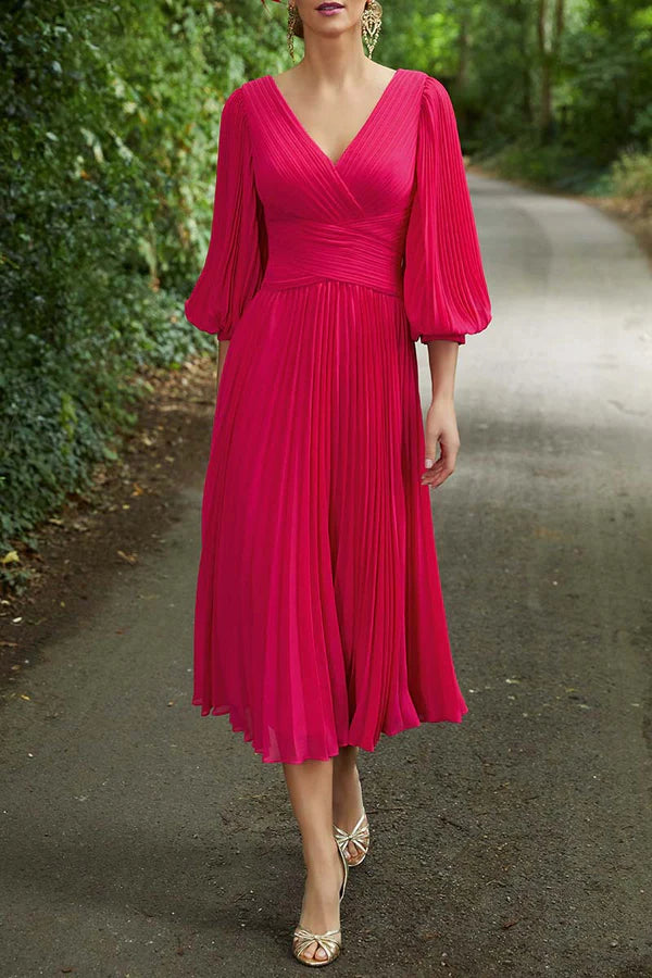 Pink Chiffon A-Line V-Neck Tea-Length Dress with Ruched Bodice