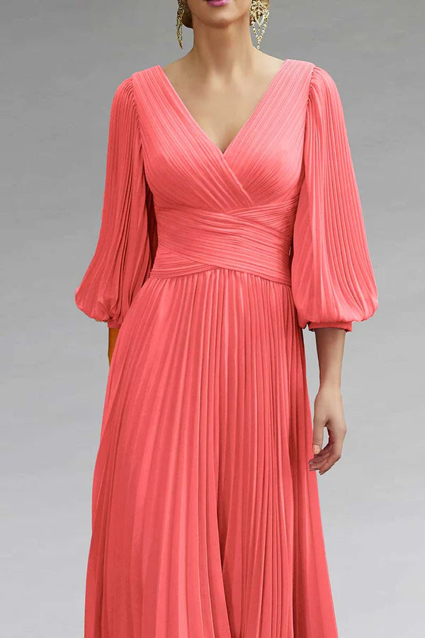 Pink Chiffon A-Line V-Neck Tea-Length Dress with Ruched Bodice