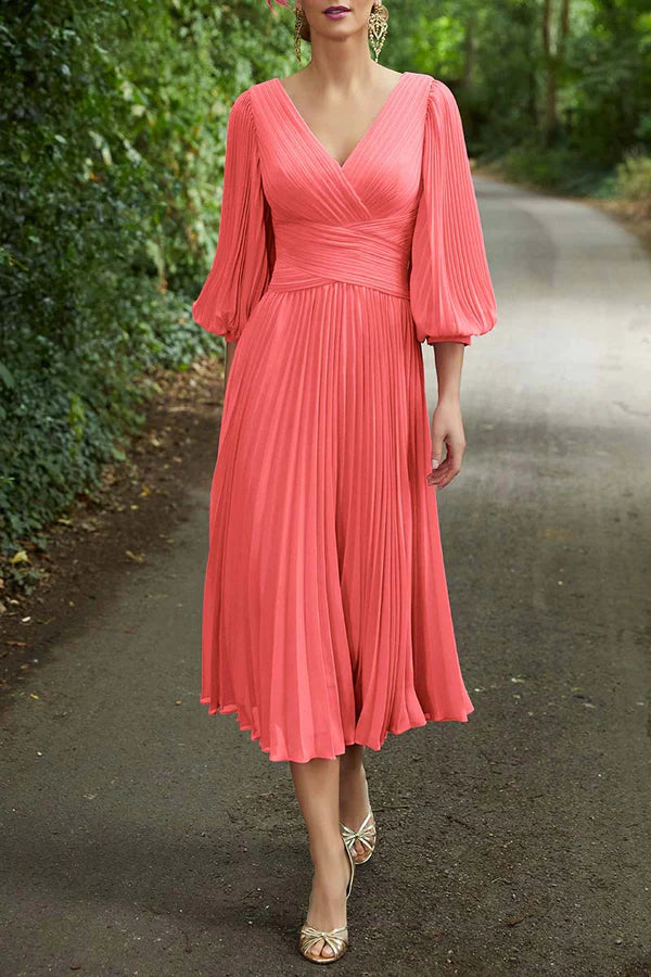 Pink Chiffon A-Line V-Neck Tea-Length Dress with Ruched Bodice