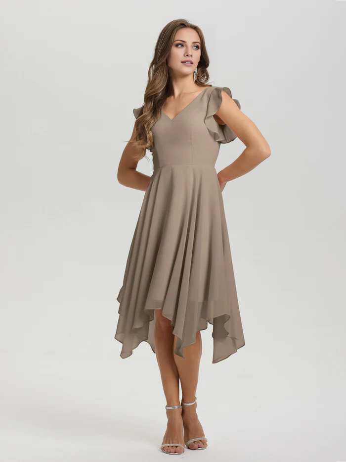 Lotus leaf edge sleeve V-neck asymmetrical tea long chiffon tea long bridesmaid dress