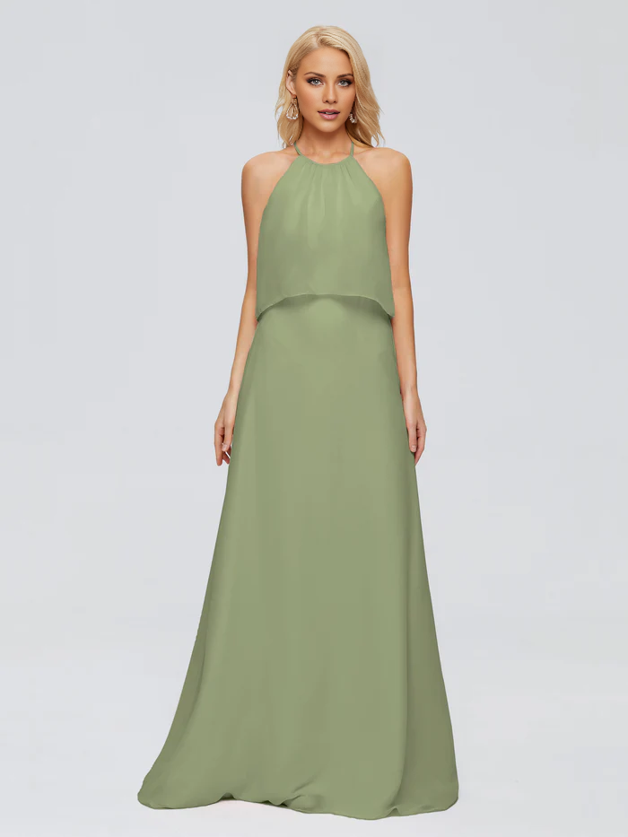 Vestido de dama de honor largo hasta el suelo en gasa con escote halter