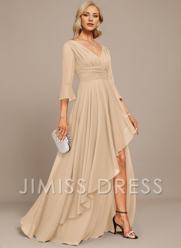 Stormy Chiffon A-Line Asymmetrical Bridesmaid Dress with V-Neck and Pleated Bodice