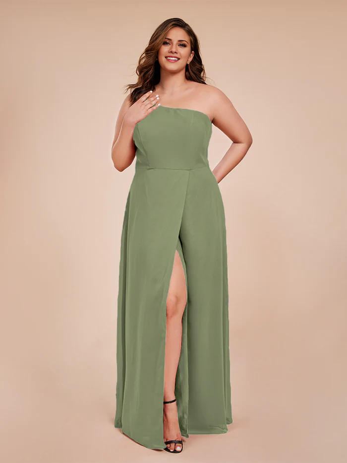 Plus size one shoulder side slit chiffon bridesmaid dress