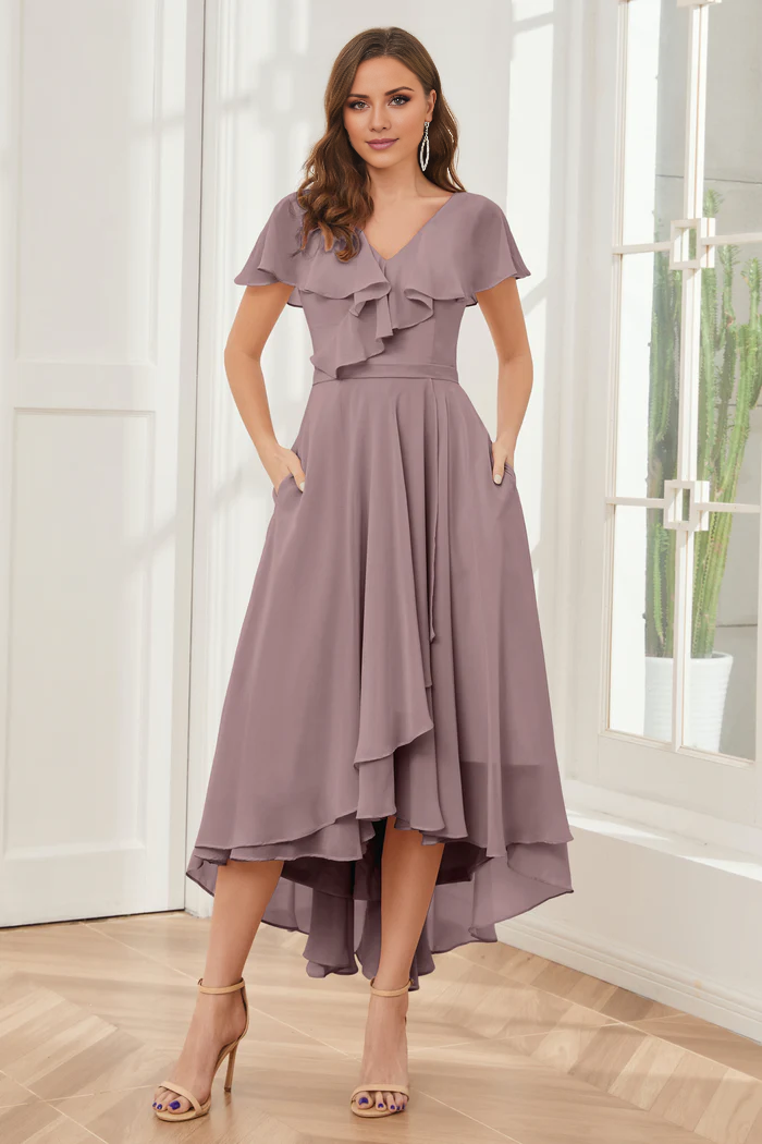 V-neck high-low short sleeved tea long bridesmaid dress