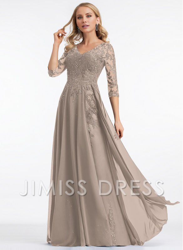 Dark Navy Lace & Chiffon A-Line Floor-Length Evening Dress with V-Neck and Sheer Sequin Sleeves
