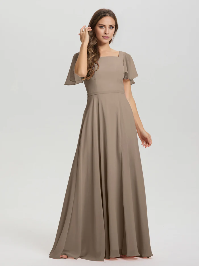 Vestido de dama de honor de gasa con cuello cuadrado, corte A, mangas cortas con volantes y largo hasta el suelo