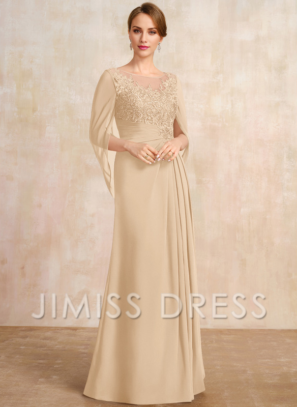 Dark Navy Chiffon A-Line Floor-Length Dress with Illusion Neck & Cape Sleeves