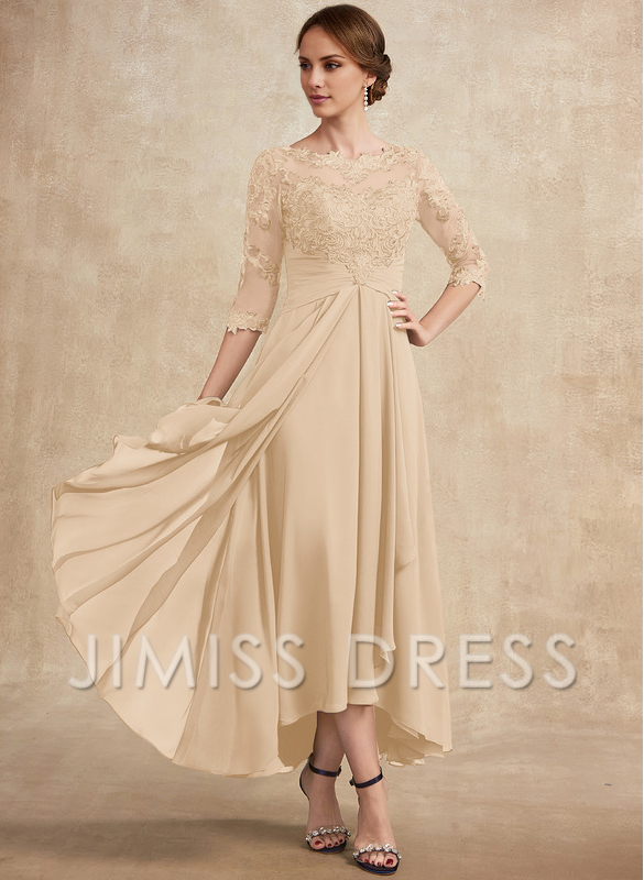 Slate Blue Chiffon A-Line Asymmetrical Evening Dress with Lace Bodice and Boat Neck
