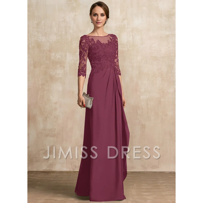 Jimiss A-shaped Scoop Illusion floor mopping chiffon lace ribbon bead sequins layered ruffles mother of the bride dress