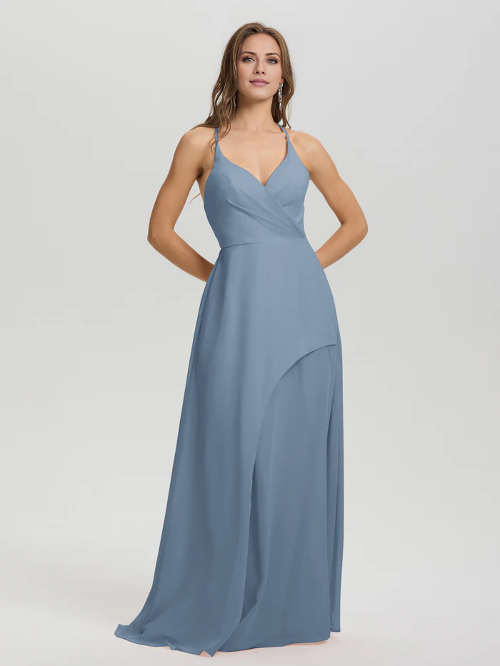 Shoulder strap V-neck backless long chiffon formal and floor length Bridesmaid dresses