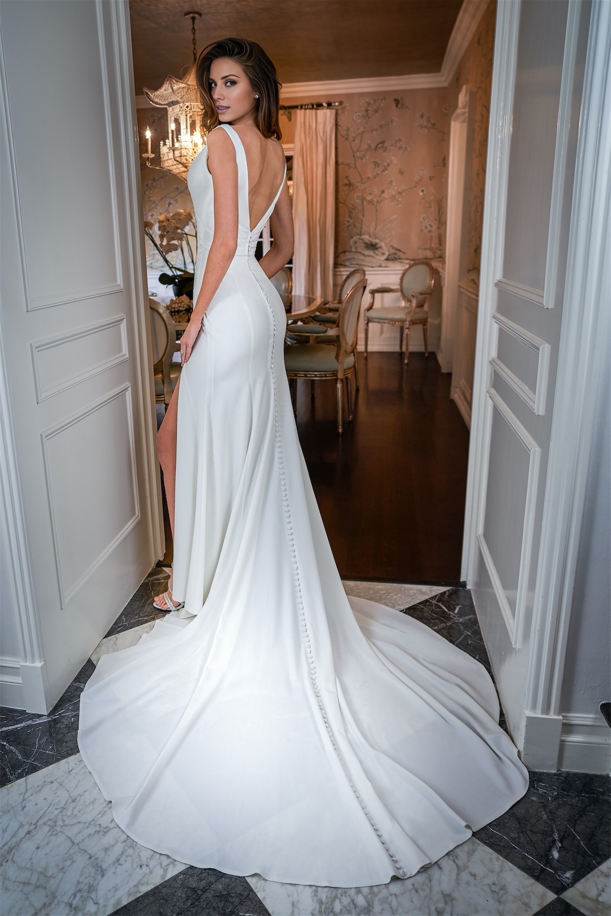 Ivory Crepe V-Neck A-Line Floor-Length Evening Gown with High Slit