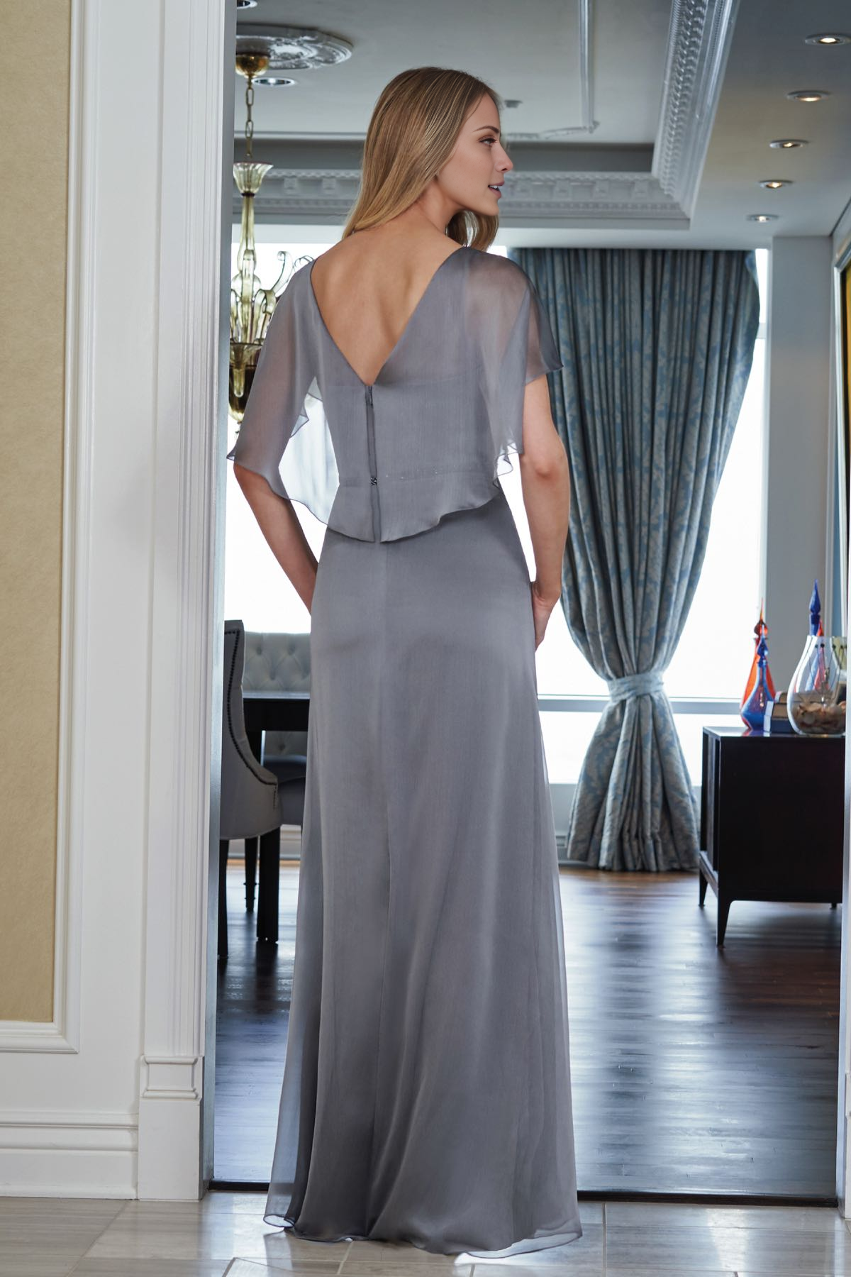 Grey Chiffon A-Line Floor-Length V-Neck Evening Dress with Flutter Sleeves and Beaded Waist