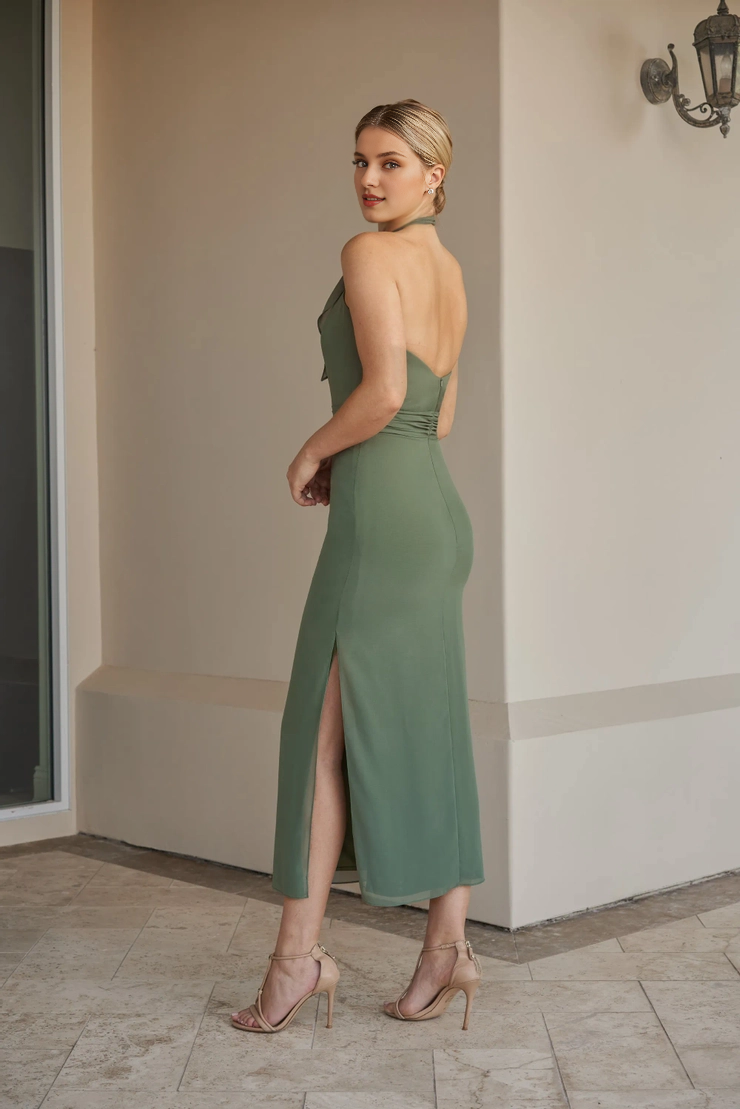 Vestido de dama de honor de longitud media con cuello colgante, lazo de gasa, abertura lateral