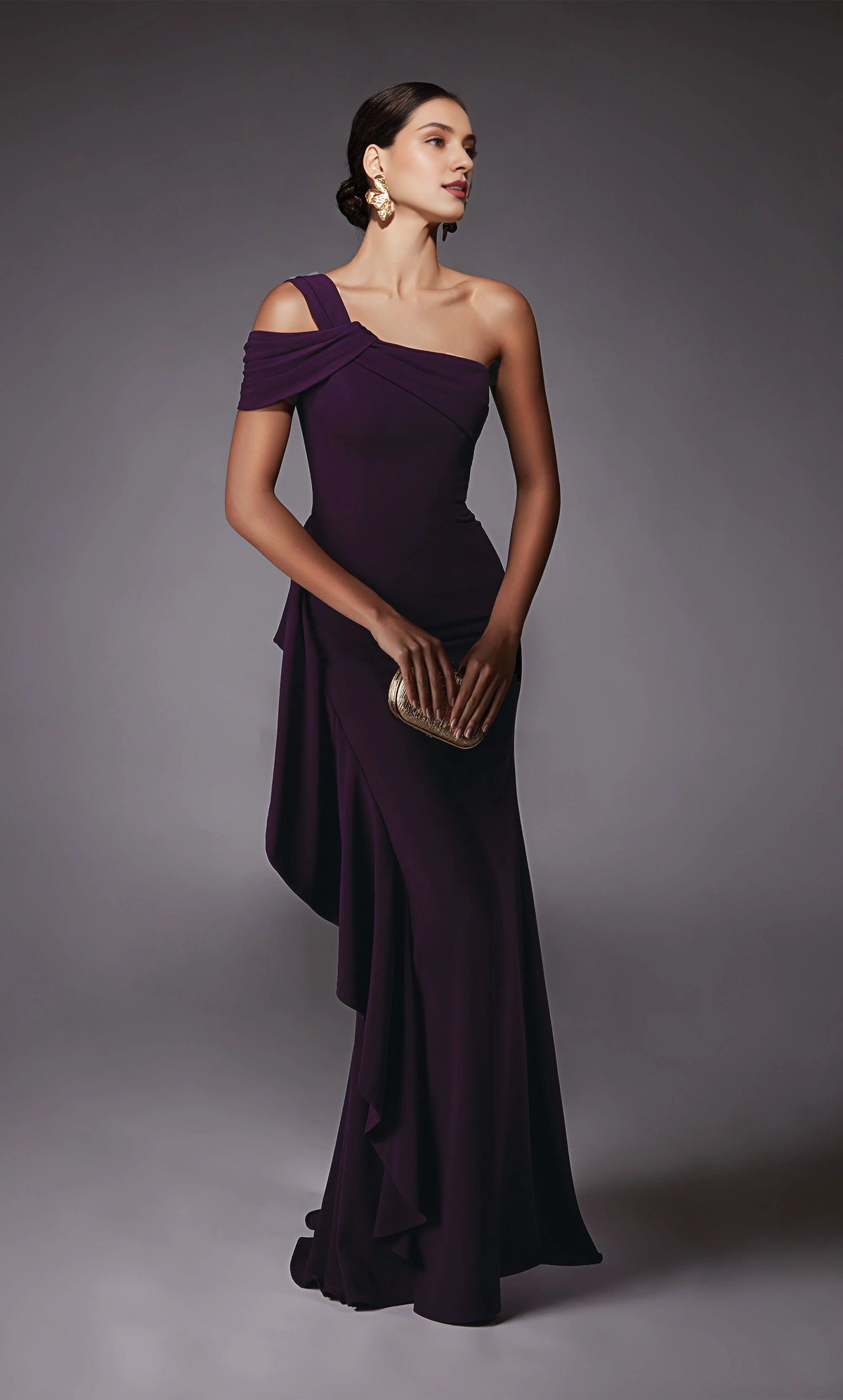 Mulberry Crepe Sheath One Shoulder Floor-Length Gown with Ruffle Skirt