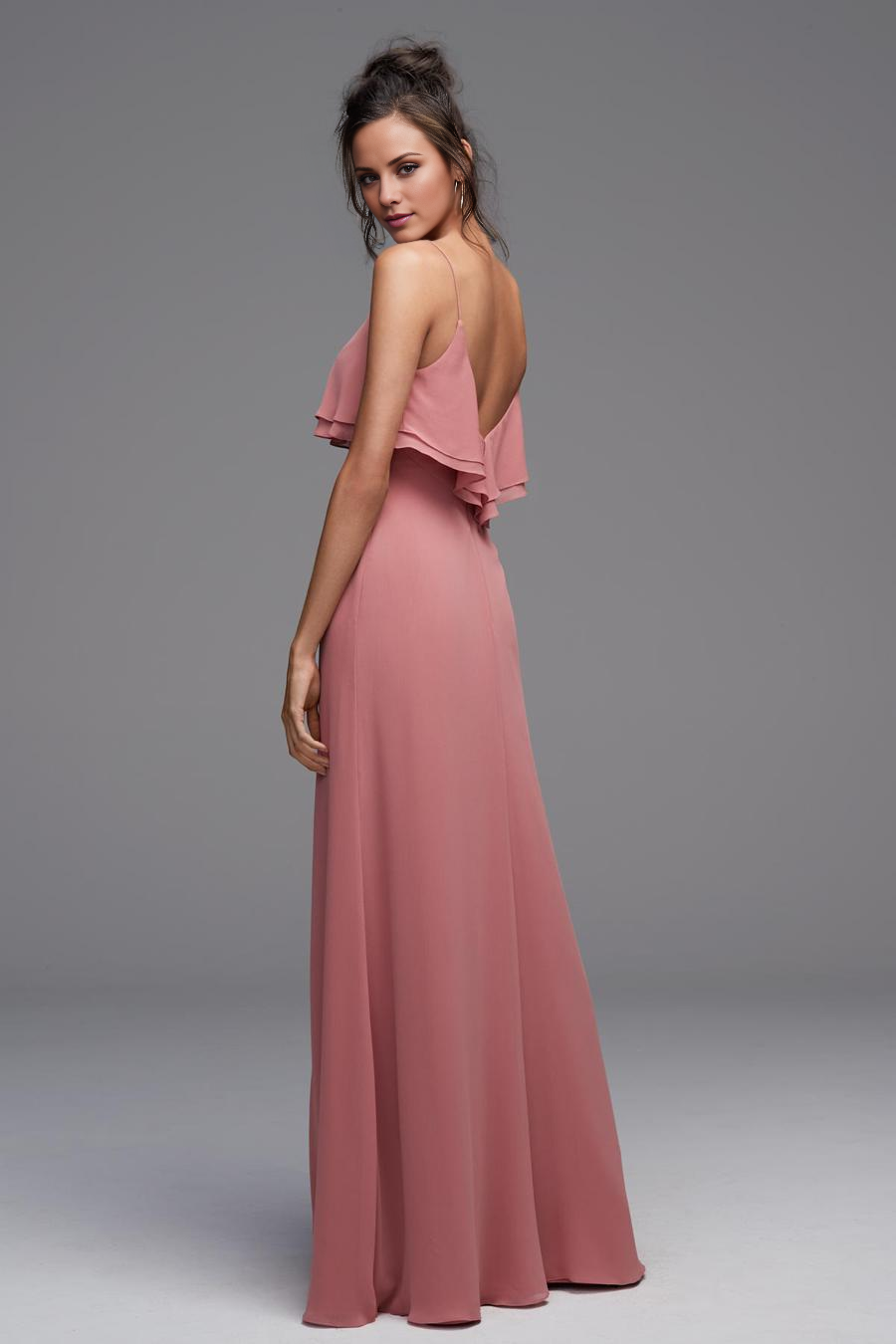Dusty Rose Chiffon A-Line Floor-Length Dress with Scoop Neck, Tiered Ruffle Bodice and High Slit