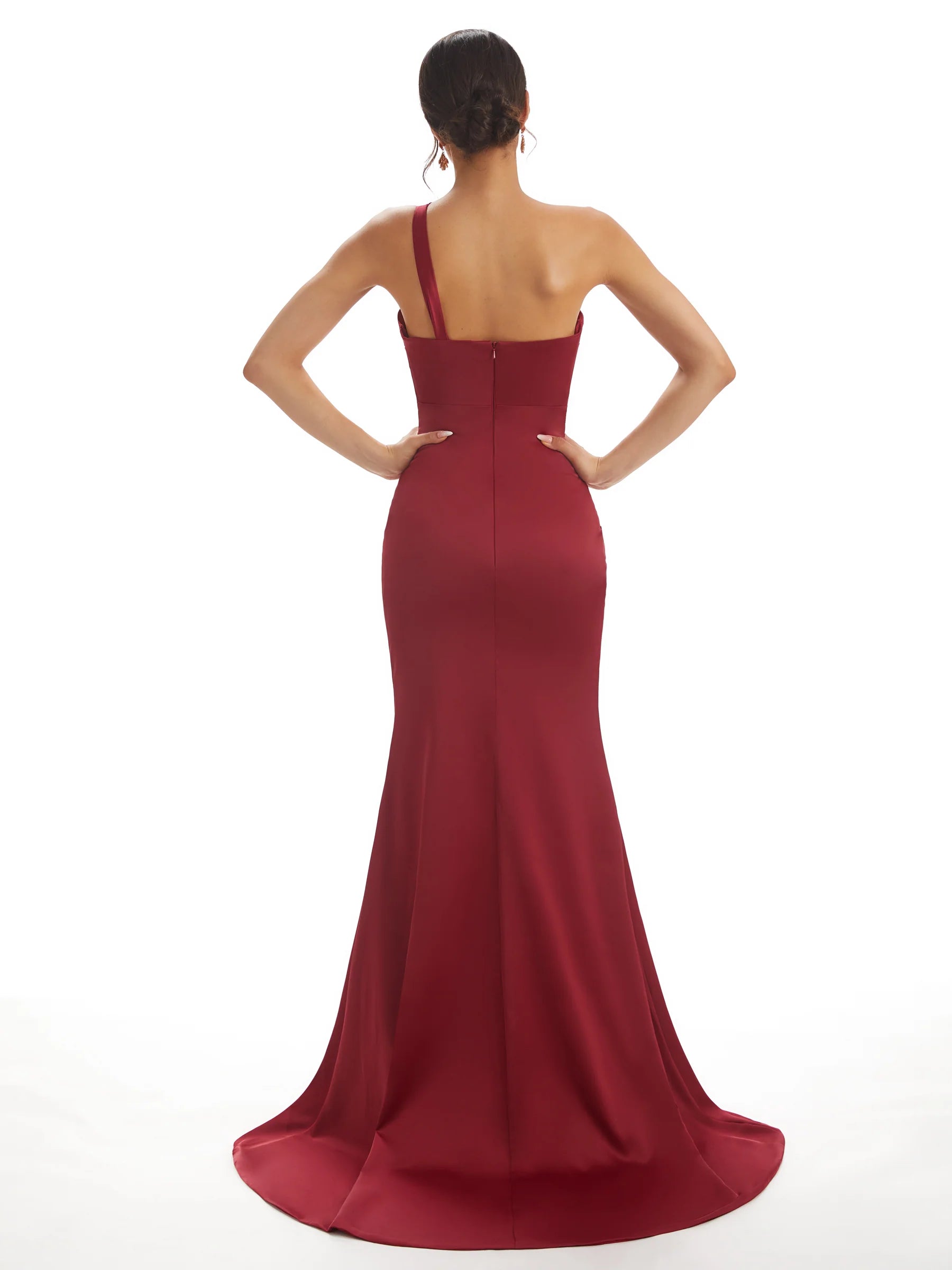 Sexy shoulder soft satin side slit fish tail long bridesmaid dress