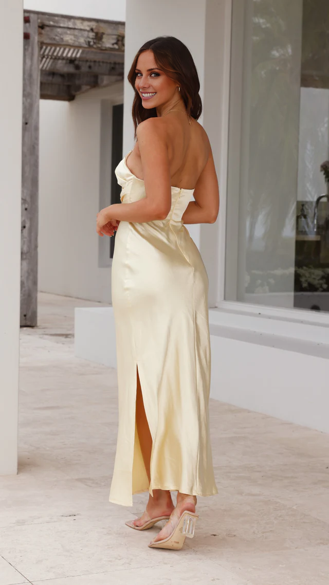 Vestido de fiesta Jimiss con escote en V, sin tirantes, hombros abiertos, abertura lateral y largo hasta el suelo