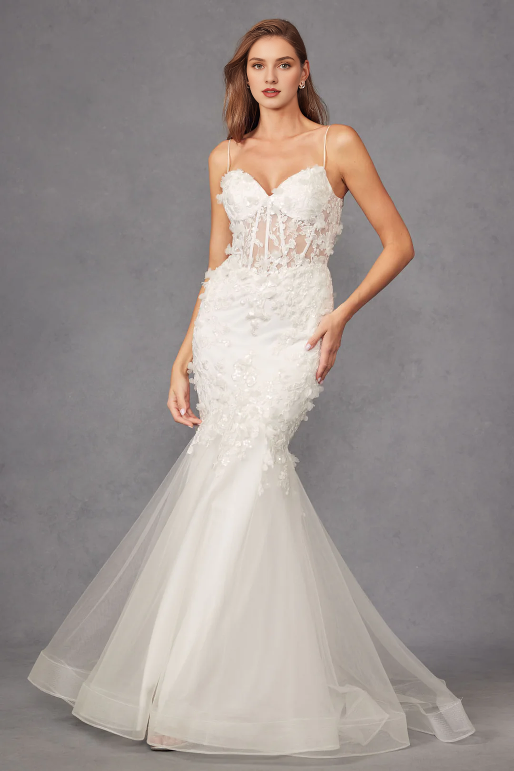 Ivory Tulle Mermaid Floor-Length Dress with Sweetheart Neckline & 3D Floral Appliques