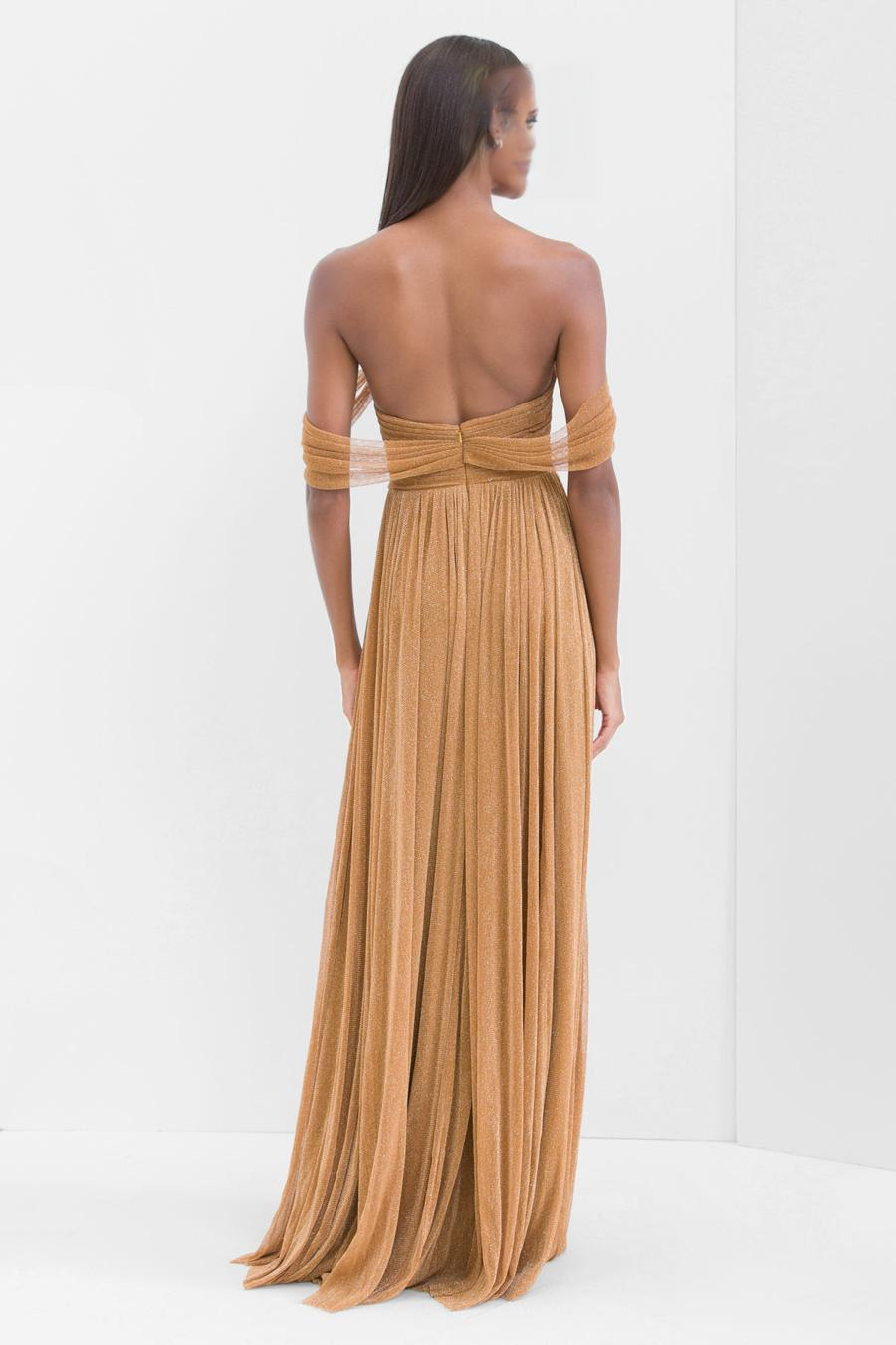 Vestido de noche Jimiss con hombros descubiertos, sin mangas, plisado, sin espalda y largo hasta el suelo