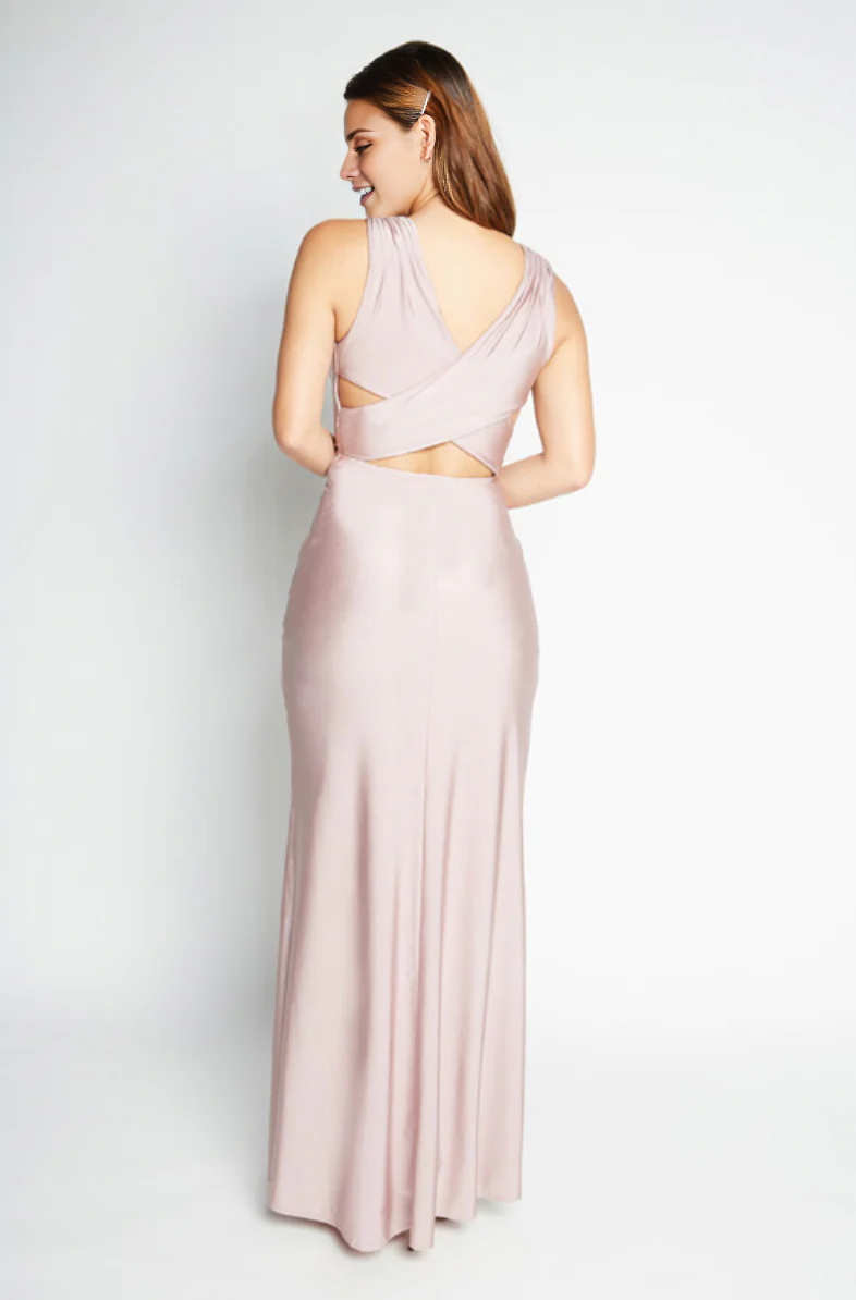 Vestido de noche Jimiss con escote en V, hombros descubiertos, sin mangas, espalda descubierta y largo hasta el suelo