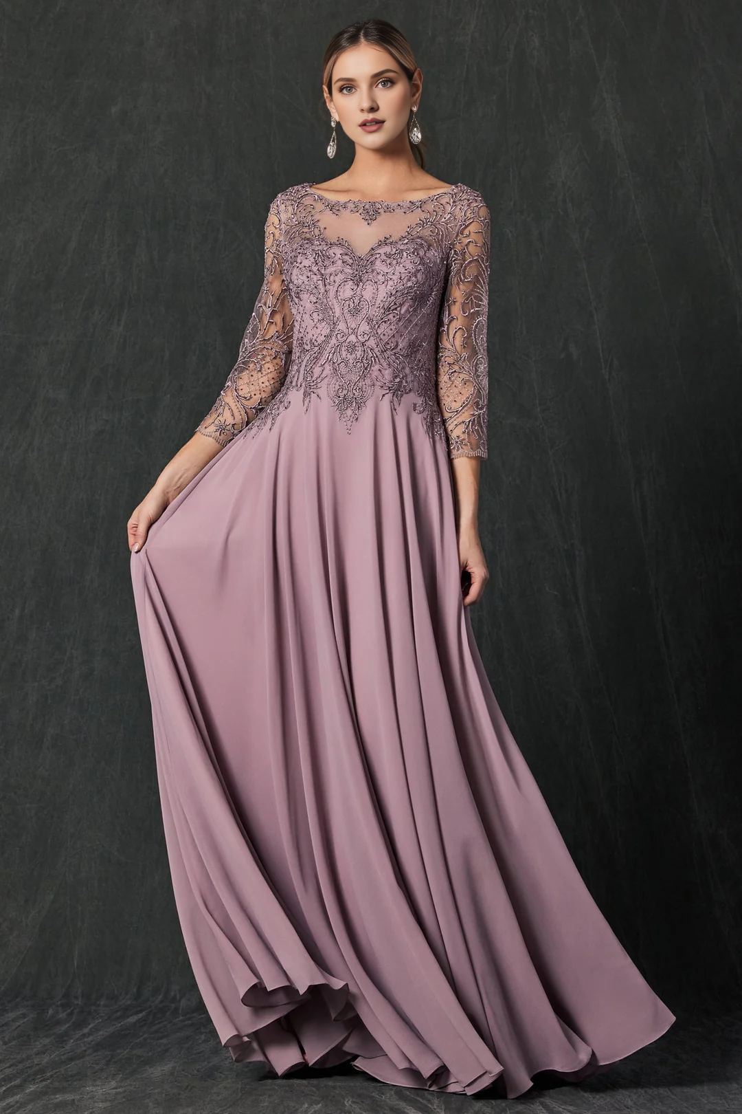 Embroidered long sleeved chiffon dress