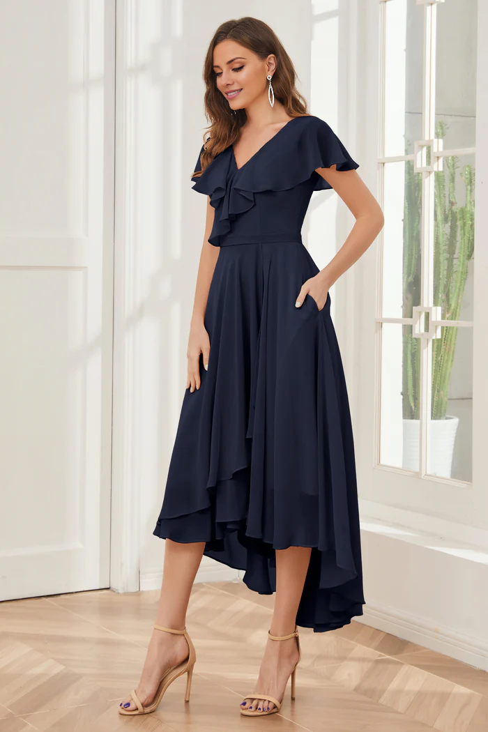 V-neck high-low short sleeved tea long bridesmaid dress