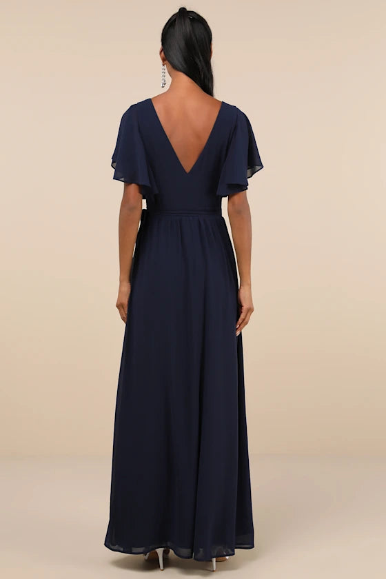 Jimiss A-line V-neck short sleeved backless side slit and floor length evening dress