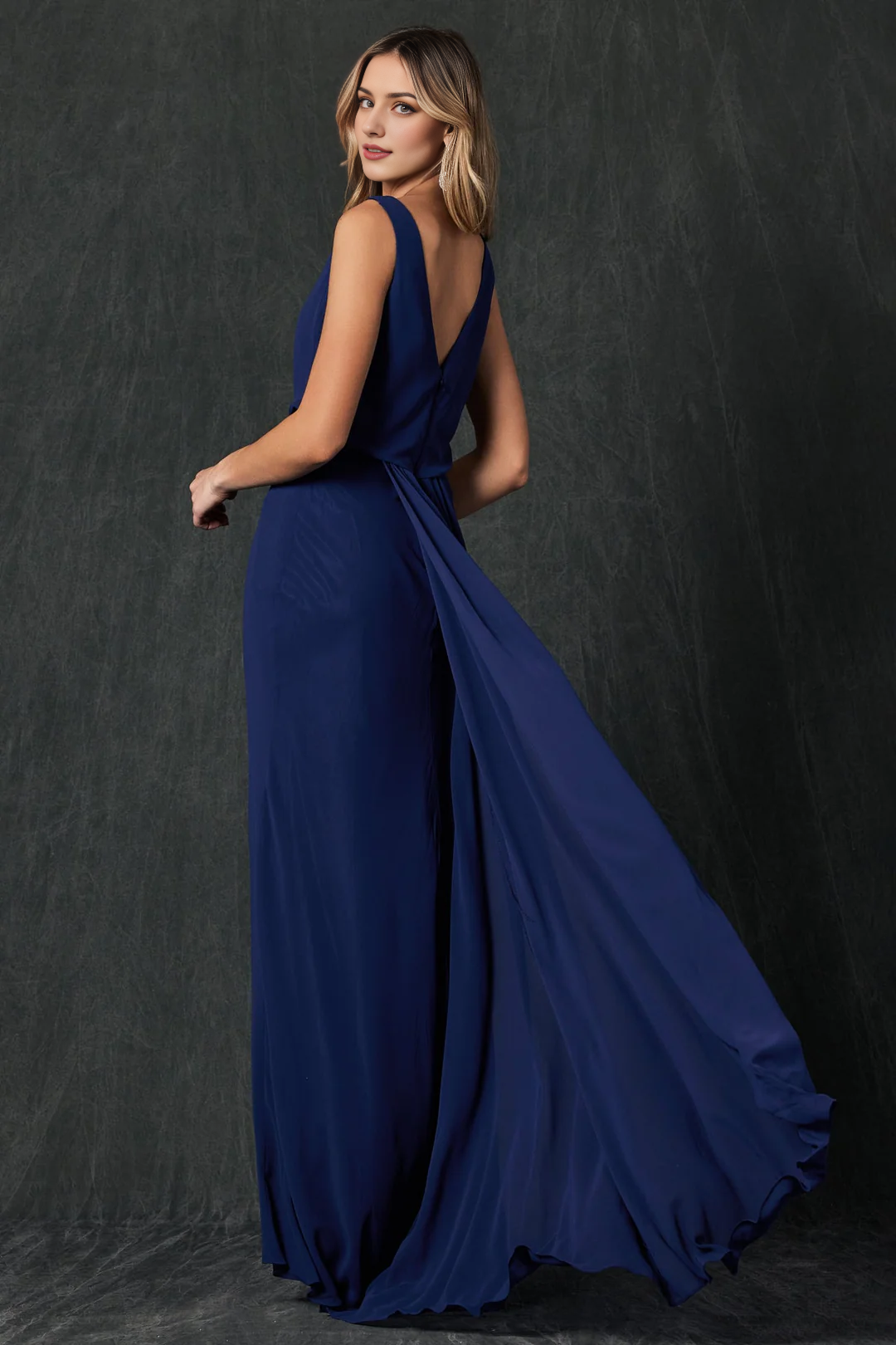 Dark Navy Chiffon Sheath/column Floor-Length Bridesmaid Dress with Cowl Neck & High Slit