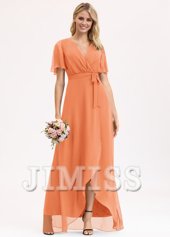 A-line V-neck asymmetric bow pleated chiffon bridesmaid dress