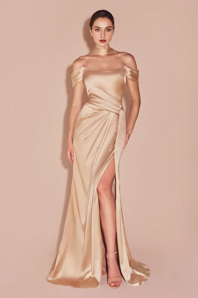 Cinnamon Satin Off-the-Shoulder A-Line Floor-Length Bridesmaid Dress