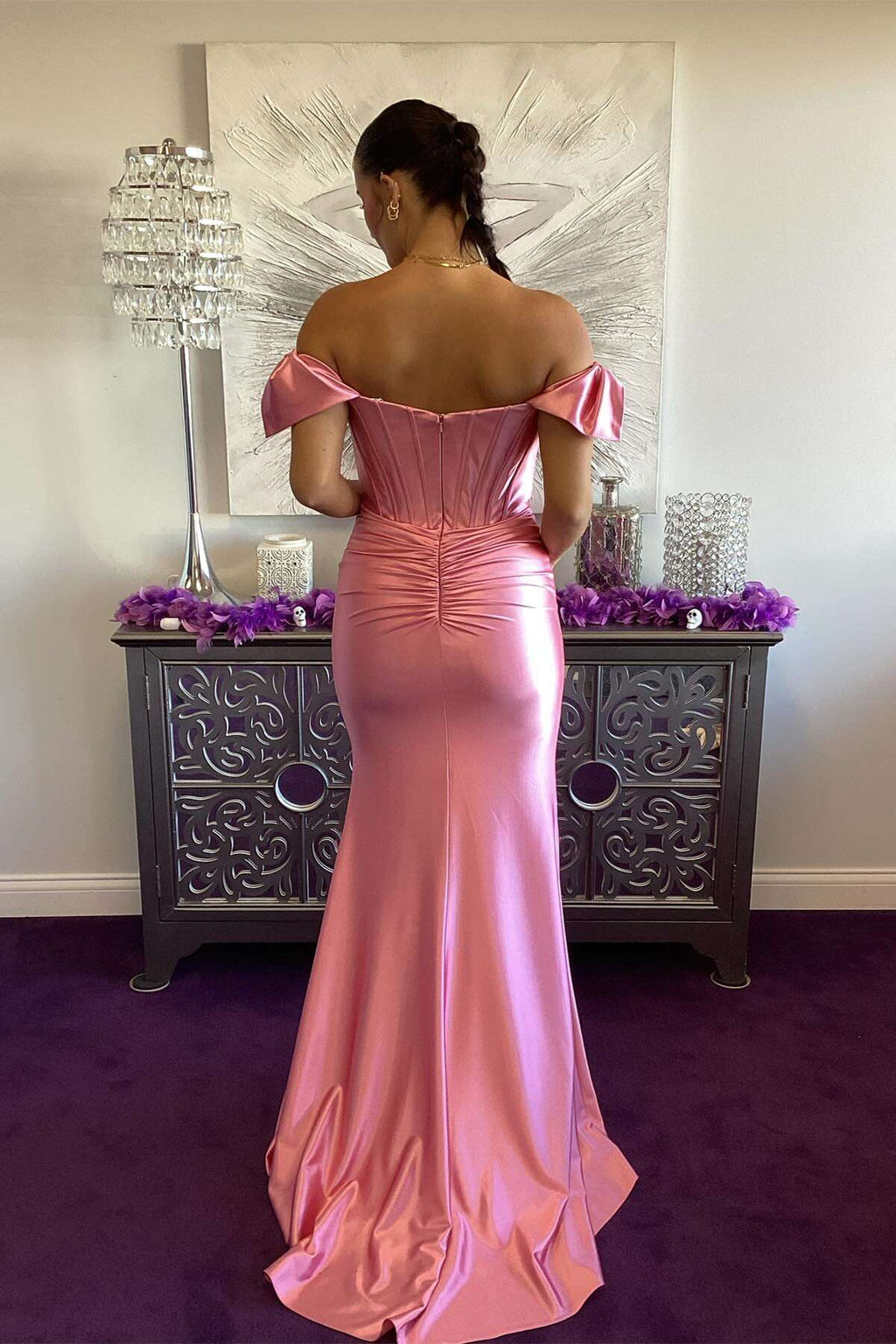 Pink Satin Off-the-Shoulder Mermaid Floor-Length Evening Dress with Corset Bodice and High Slit