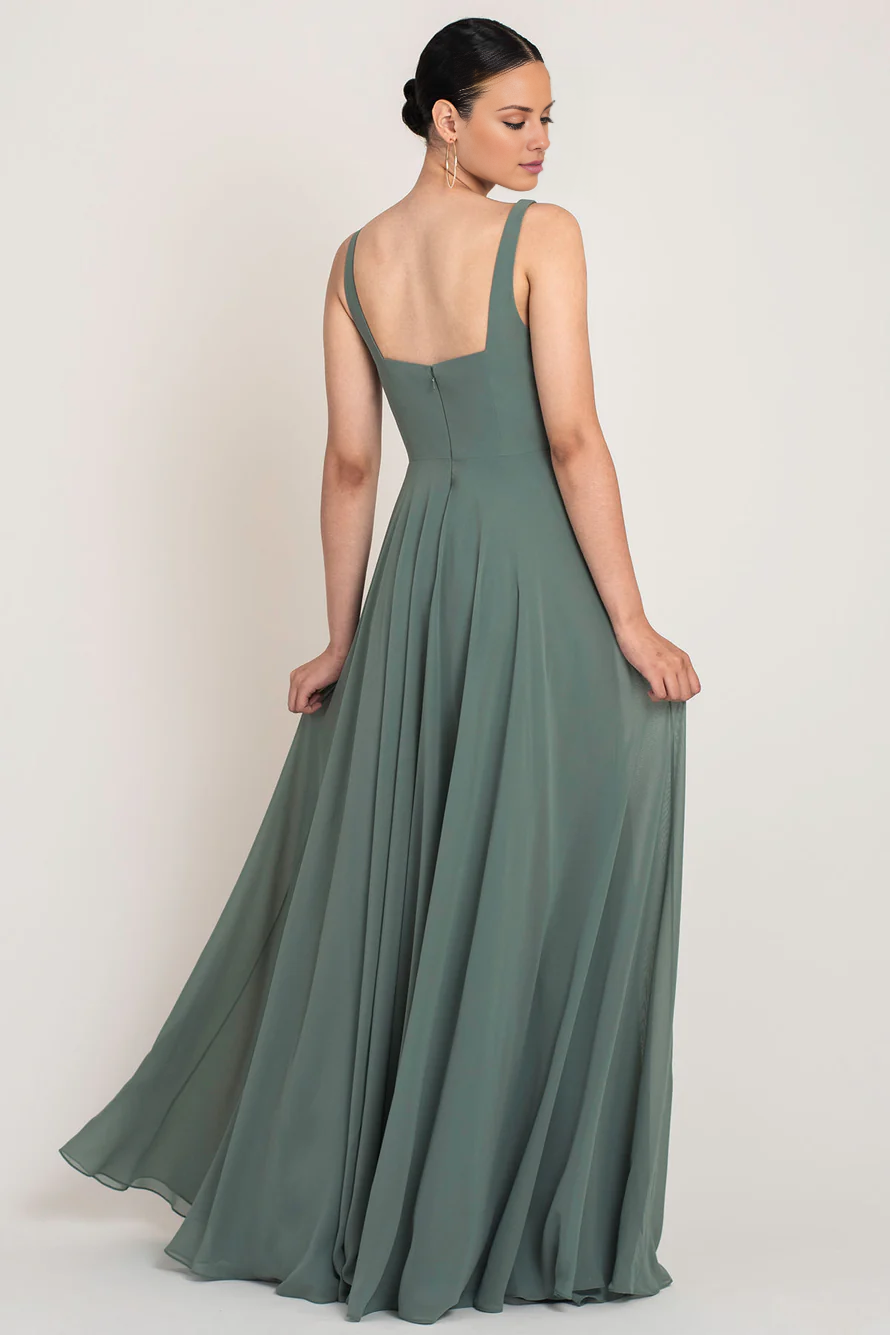 Vestido de noche Jimiss con escote en V, hombros descubiertos, sin mangas, espalda descubierta con cremallera y largo hasta el suelo