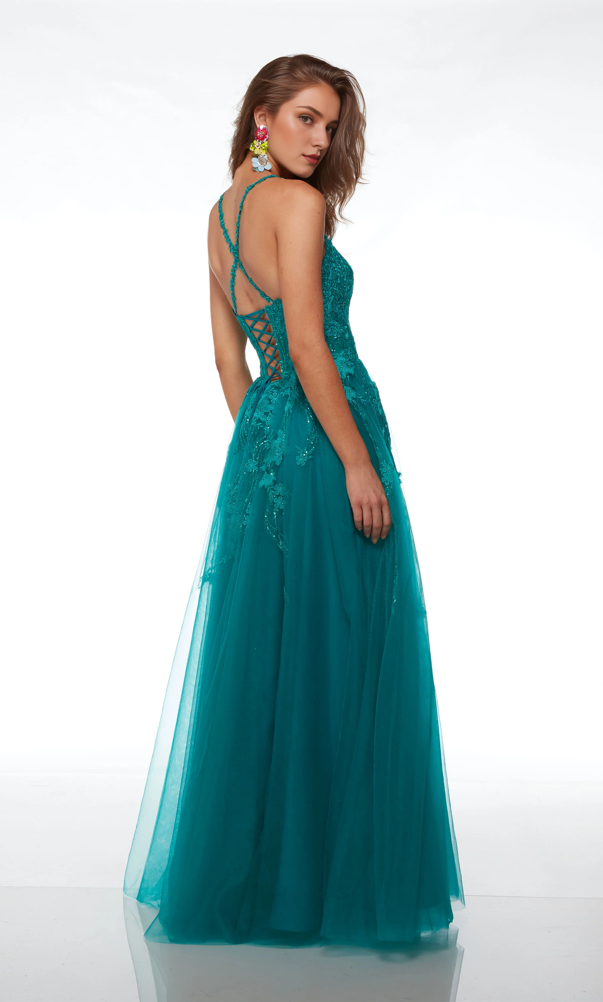 Teal A-Line Tulle Sweetheart Floor-Length Evening Dress