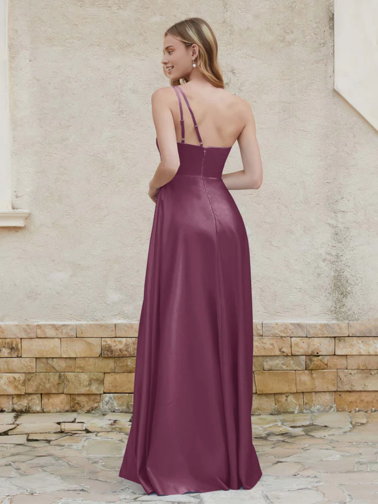 Satin One-Shoulder Ruched Bodice Pocketed High-Slit A-Line Floor-Length Bridesmaid Dresses