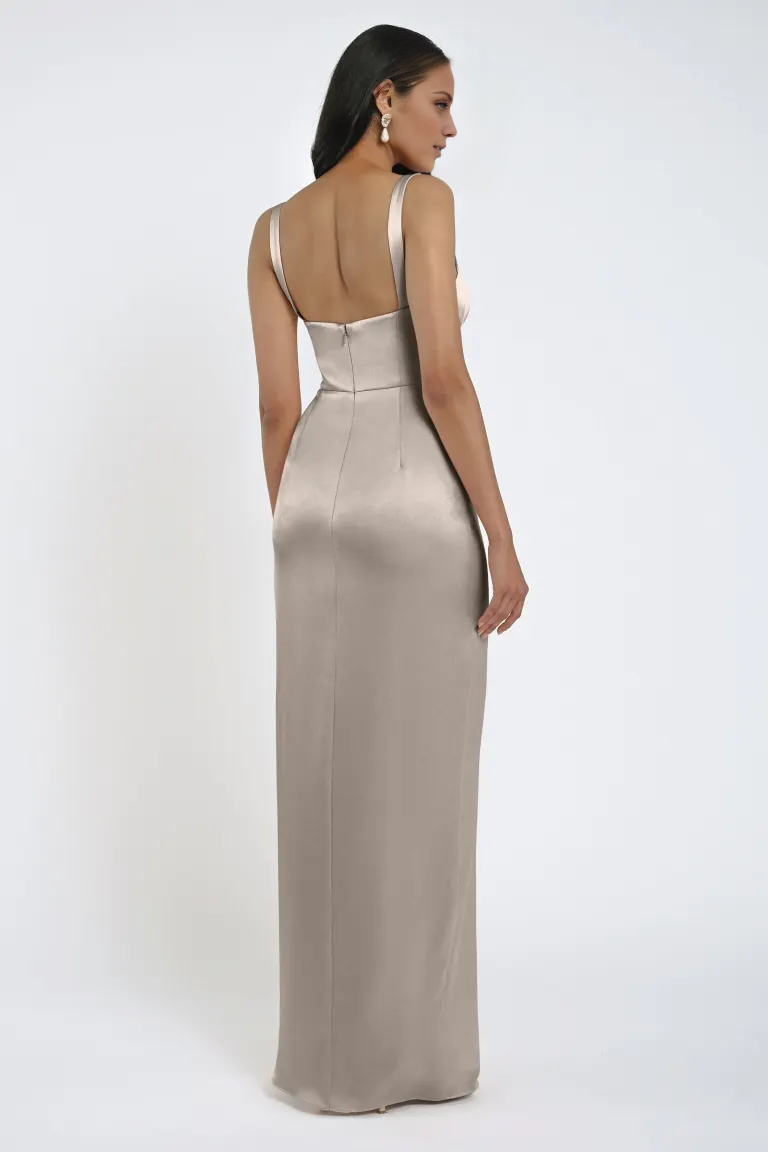 Vestido de fiesta Jimiss con escote cuadrado, sin mangas, espalda descubierta, abertura lateral y largo hasta el suelo