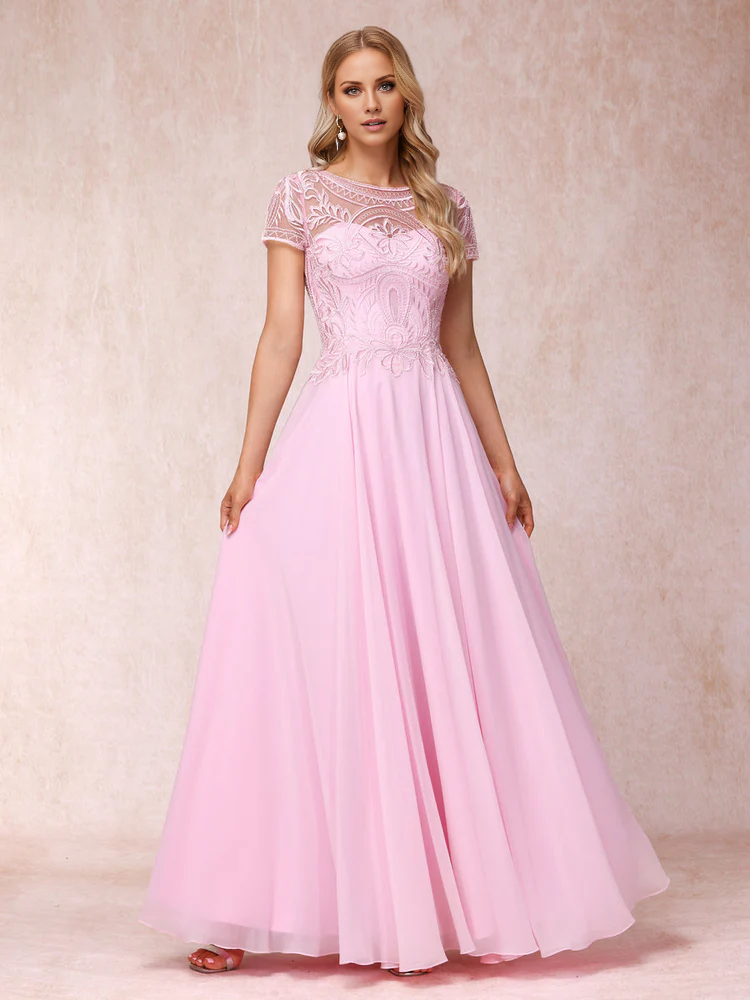 Pink Chiffon A-Line Bridesmaid Dress with Illusion Lace Bodice